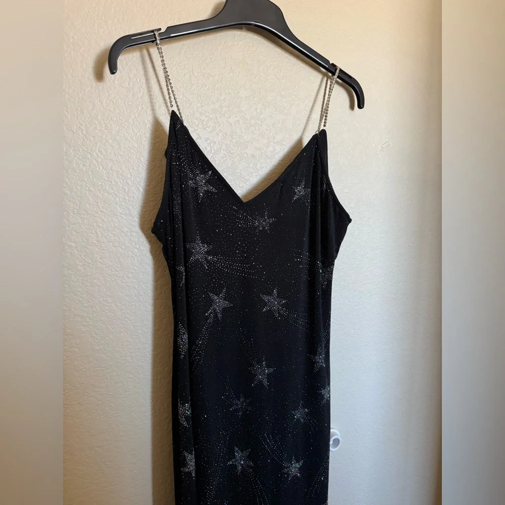 Vintage 90s Y2K JUMP Star Sequins Embellished Maxi Dress Gown Sz L Black Sparkly